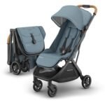 UPPAbaby Minu V3 Travel Stroller | Lightweight + Compact Design | One-Hand Fold + Unfold | from Birth + Overhead Compatible | Dillan (Stone Blue/Carbon Frame/Sand Leather)