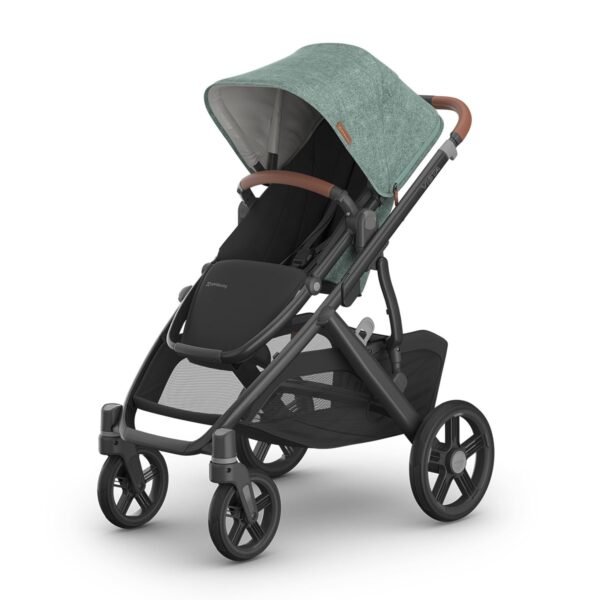 UPPAbaby Vista V3 Stroller - Full-Size Single-to-Double Stroller System - Toddler Seat. Bug Shield. Rain Shield. and Storage Bag Included - Gwen (Green Mélange/Carbon Frame/Saddle Leather)