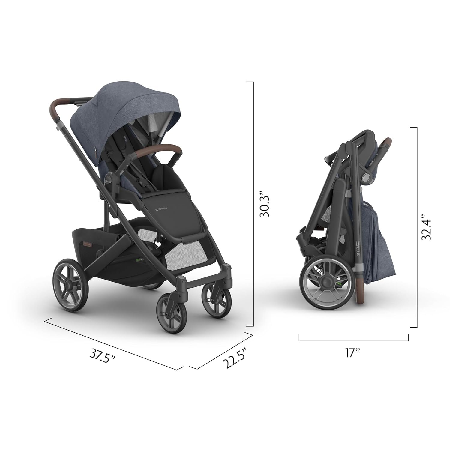 71HKtfhDrlL._SL1500_.jpg UPPAbaby Cruz V3 Stroller - from Birth + Car Seat Compatible - Full-Size. Reversible Seat - Infant Insert. Bug and Rain Shields Included - Julian (Dusty Blue Mélange/Carbon Frame/Chestnut Leather) - Image 7