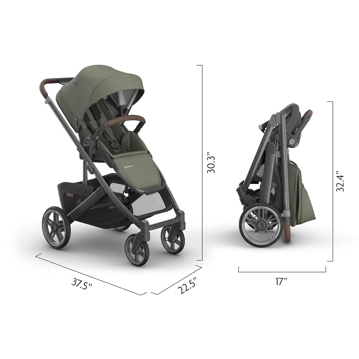 71Rxlz5fleL._SL1500_.jpg UPPAbaby Cruz V3 Stroller - from Birth + Car Seat Compatible - Full-Size. Reversible Seat - Infant Insert. Bug and Rain Shields Included - Evelyn (Meadow Green/Graphite Frame/Chestnut Leather) - Image 7