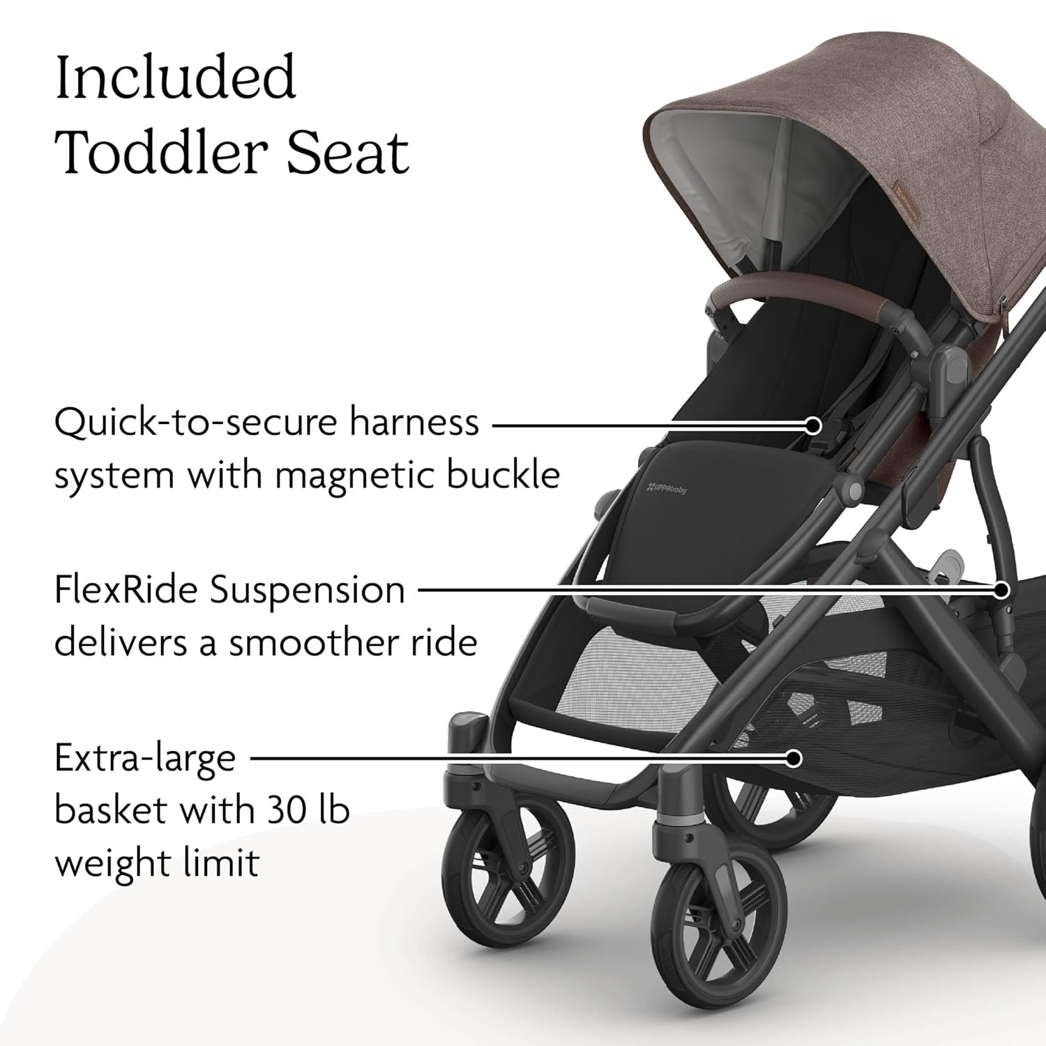 81XDNkPBmWL._SL1500_.jpg UPPAbaby Vista V3 Stroller - Full-Size Single-to-Double Stroller System - Toddler Seat. Bug Shield. Rain Shield. and Storage Bag Included - Owen (Mocha Mélange/Carbon Frame/Chestnut Leather) - Image 5