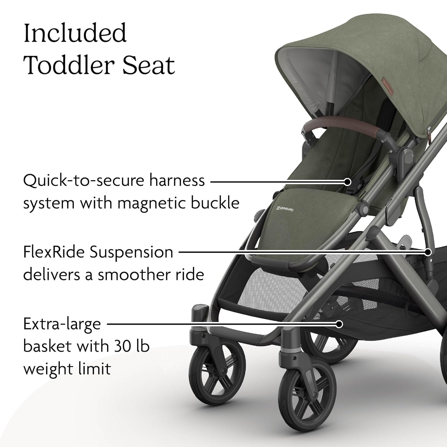 81z81OVVklL._SL1500_.jpg UPPAbaby Vista V3 Stroller - Full-Size Single-to-Double Stroller System - Toddler Seat. Bug Shield. Rain Shield. and Storage Bag Included - Evelyn (Meadow Green/Graphite Frame/Chestnut Leather) - Image 5