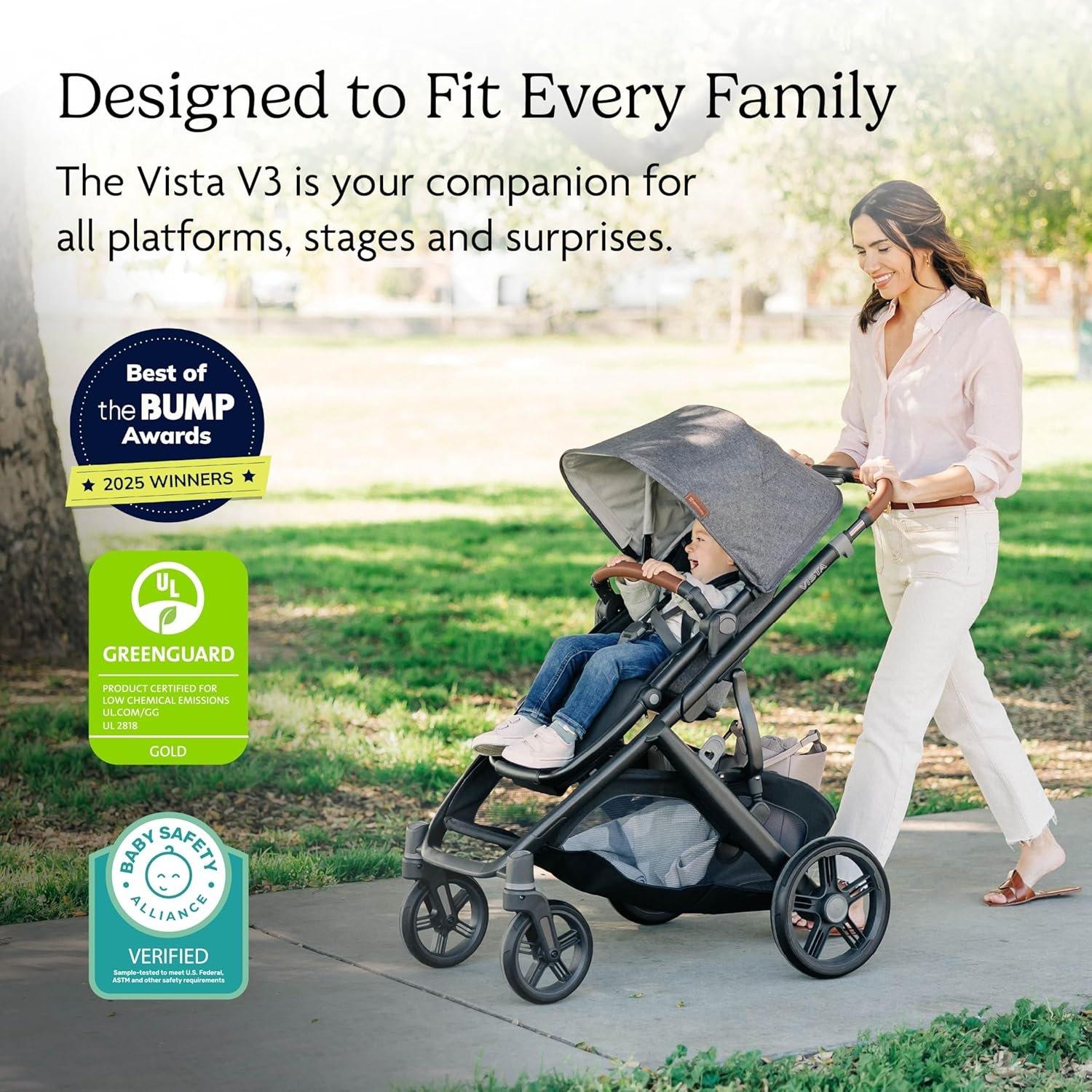 91oo1Dw366L._SL1500_.jpg UPPAbaby Vista V3 Stroller - Full-Size Single-to-Double Stroller System - Toddler Seat. Bug Shield. Rain Shield. and Storage Bag Included - Evelyn (Meadow Green/Graphite Frame/Chestnut Leather) - Image 3